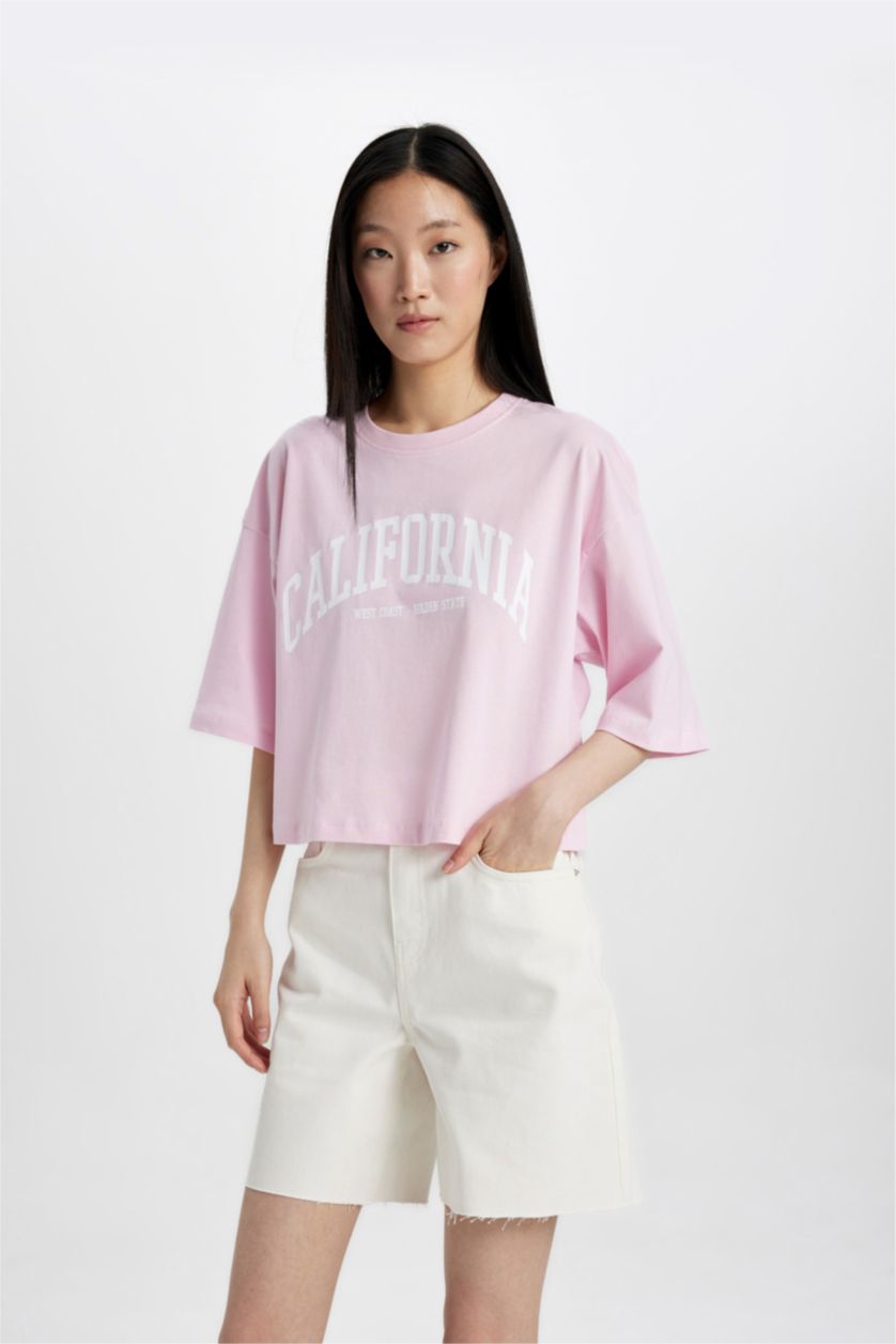 WOMAN Light Pink Oversize Fit Crew Neck Printed T-Shirt