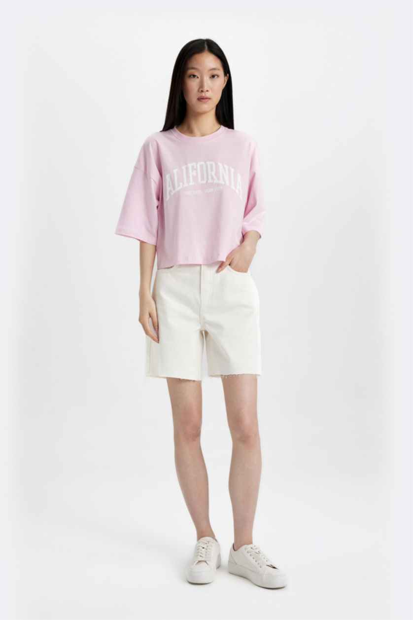 WOMAN Light Pink Oversize Fit Crew Neck Printed T-Shirt