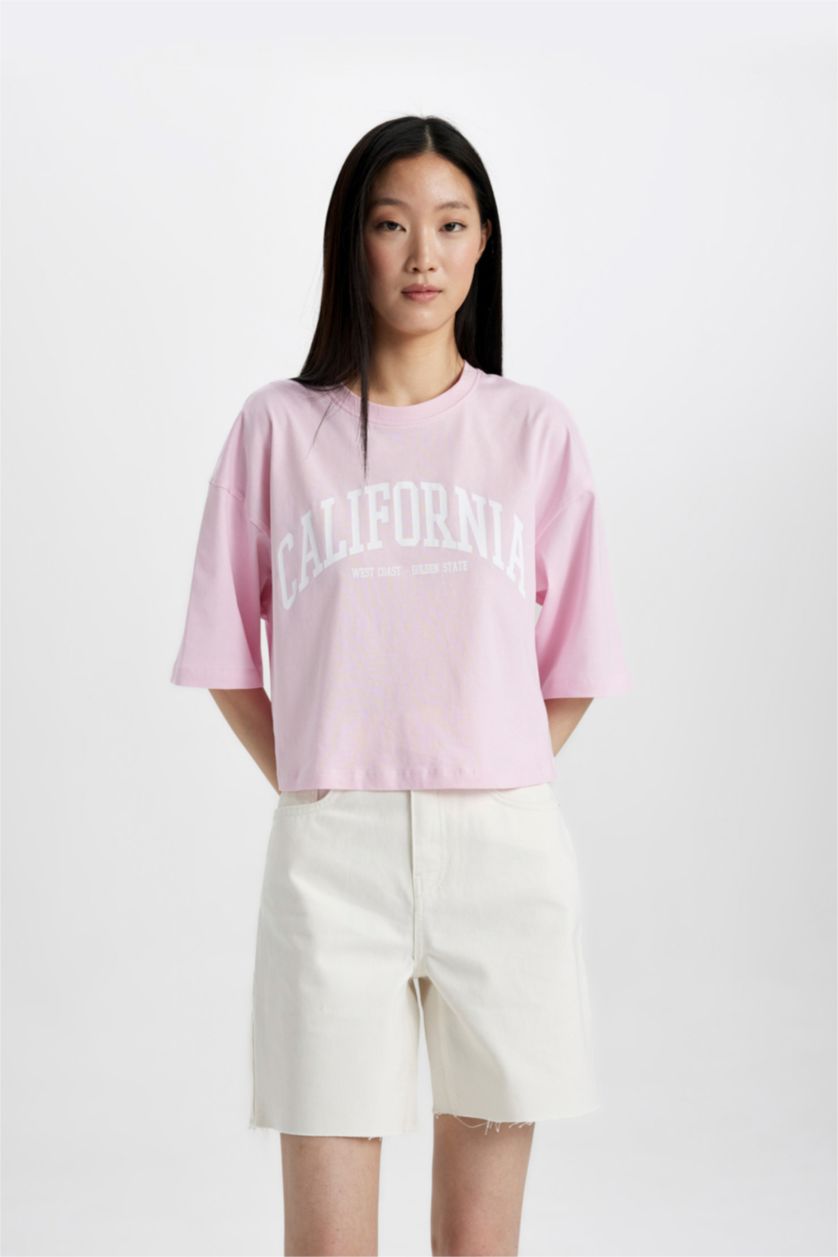 WOMAN Light Pink Oversize Fit Crew Neck Printed T-Shirt