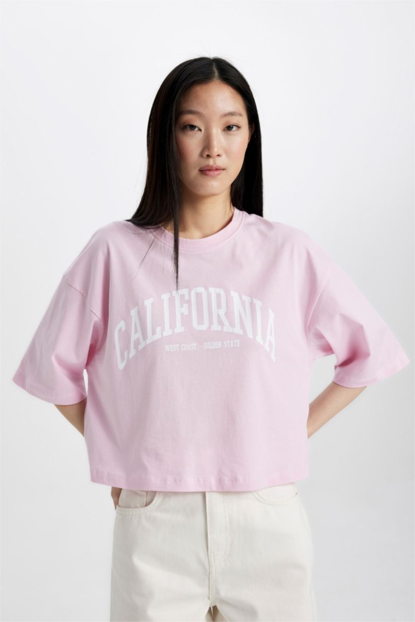 WOMAN Light Pink Oversize Fit Crew Neck Printed T-Shirt