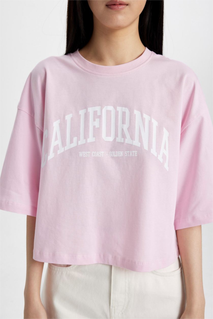 WOMAN Light Pink Oversize Fit Crew Neck Printed T-Shirt
