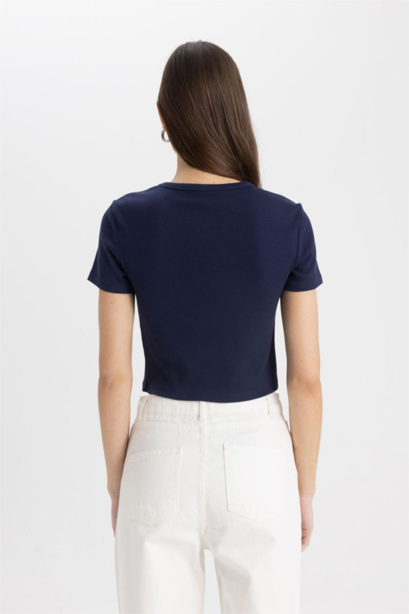 نساء كحلي تيشيرت نص كم بطبعة شعار سليم فيت