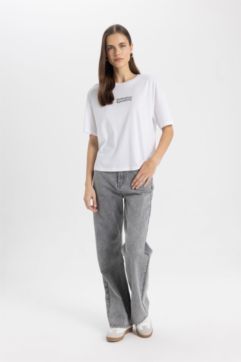 Woman Violet Beyaz Relax Fit Crew Neck Slogan Printed T-Shirt