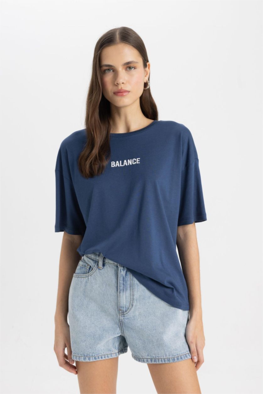 WOMAN Indigo Relax Fit Crew Neck Slogan Printed T-Shirt