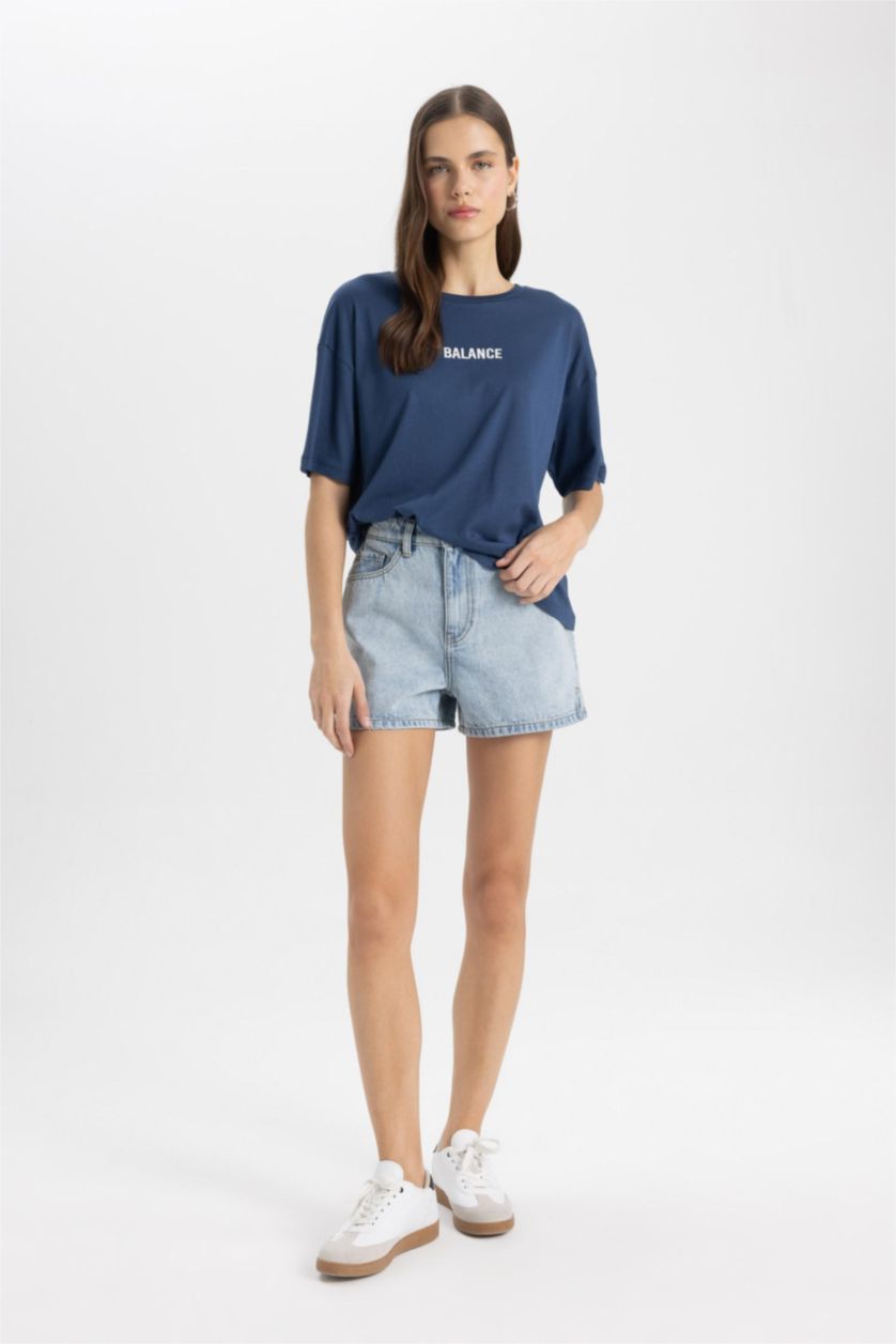 WOMAN Indigo Relax Fit Crew Neck Slogan Printed T-Shirt