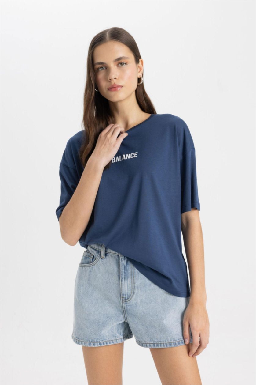 WOMAN Indigo Relax Fit Crew Neck Slogan Printed T-Shirt