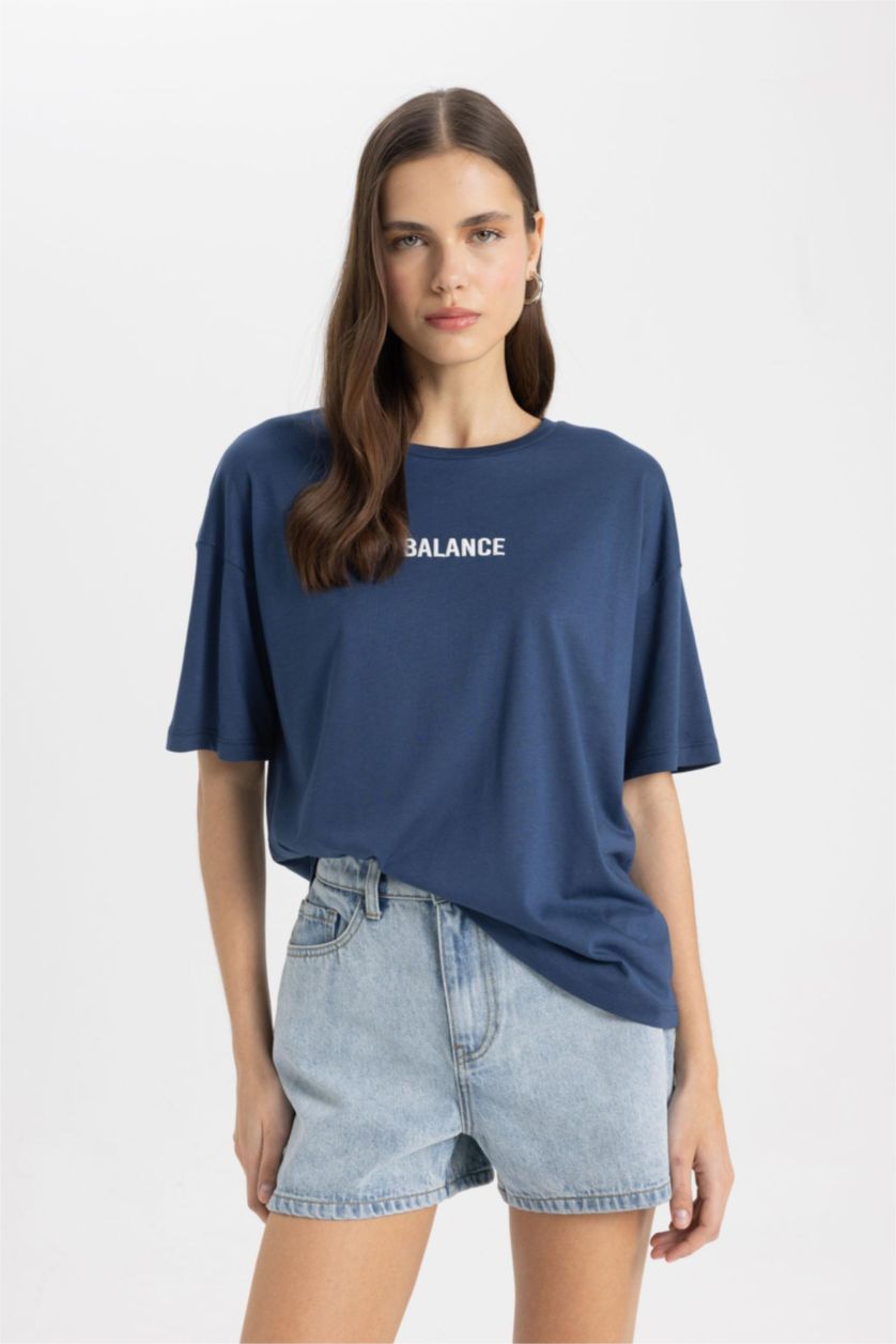 WOMAN Indigo Relax Fit Crew Neck Slogan Printed T-Shirt