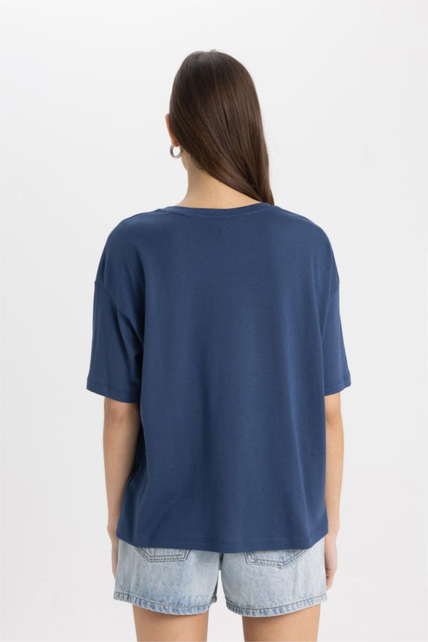 WOMAN Indigo Relax Fit Crew Neck Slogan Printed T-Shirt