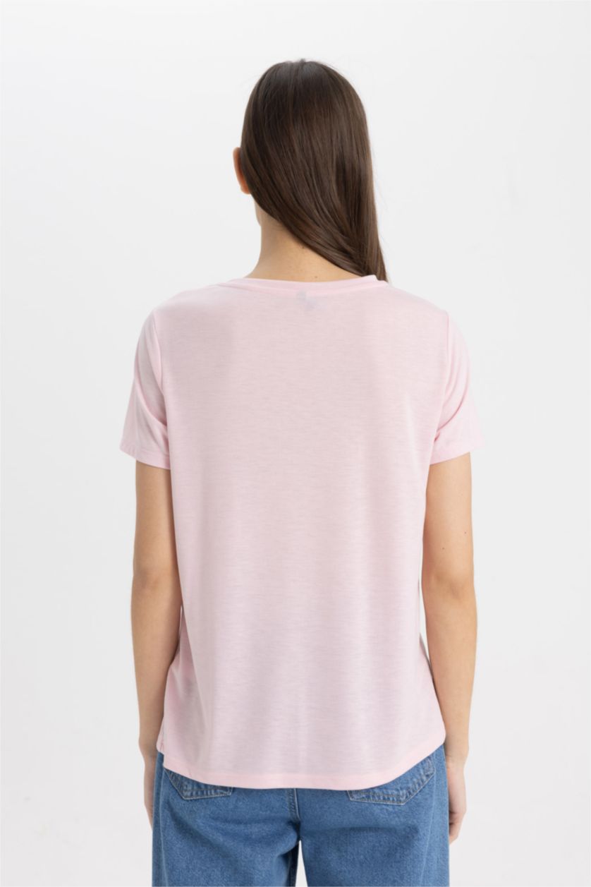 نساء زهري فاتح تي شيرت نص كم مطبوع بياقة مستديرة وقصة عادية