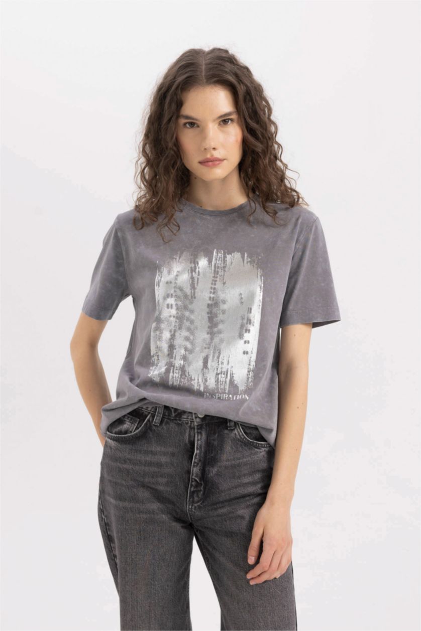 WOMAN Grey Regular Fit Crew Neck Printed Short Sleeve T-Shirt