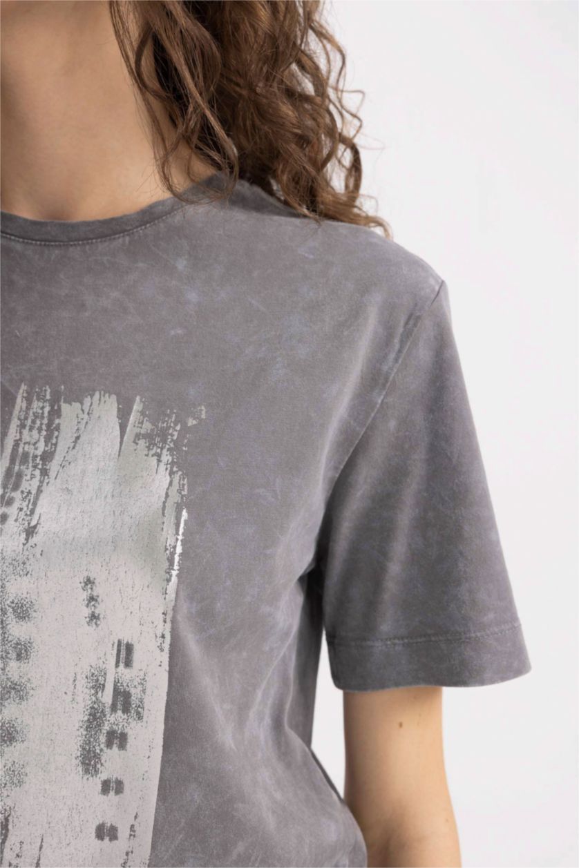 WOMAN Grey Regular Fit Crew Neck Printed Short Sleeve T-Shirt
