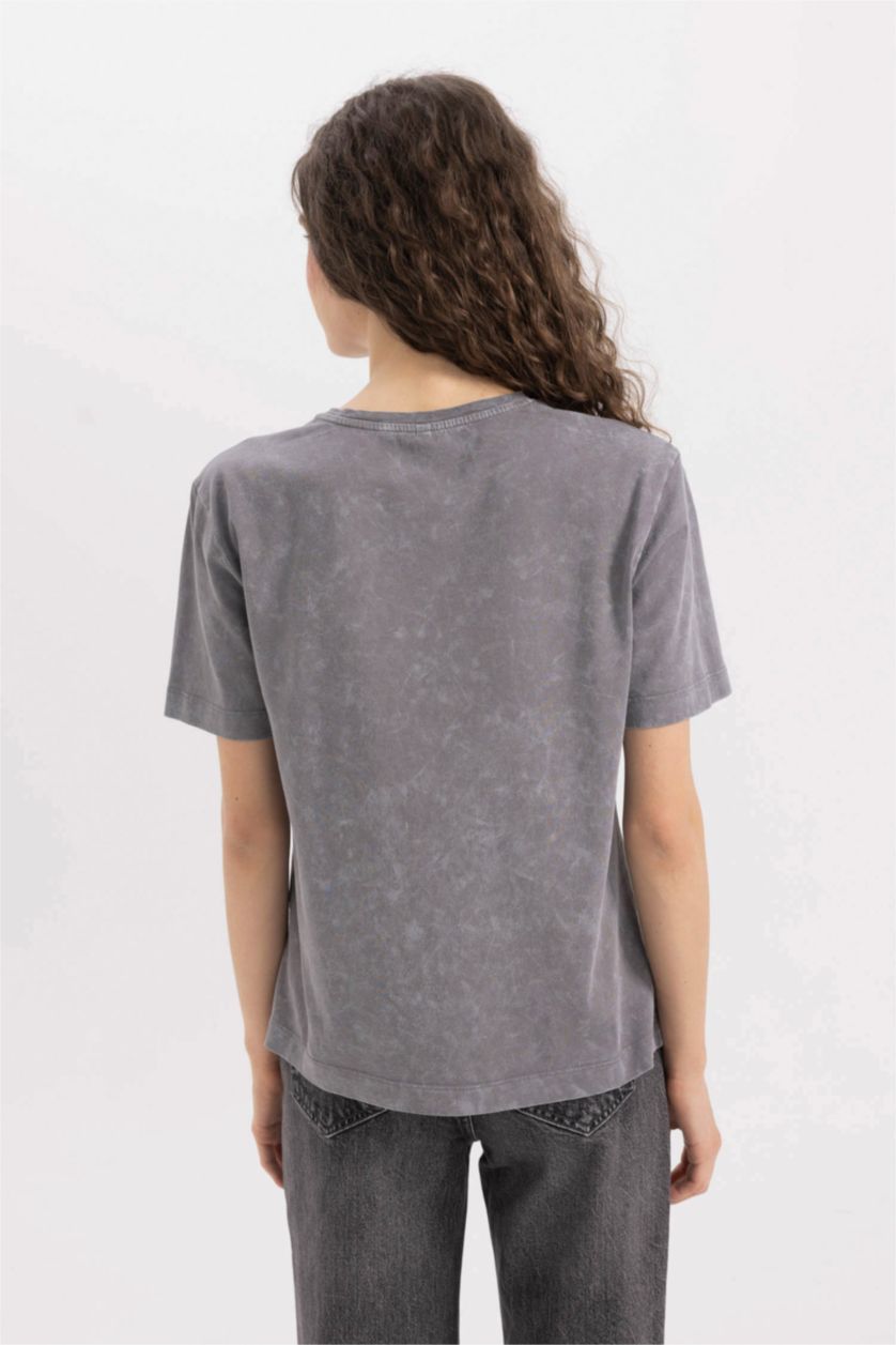 WOMAN Grey Regular Fit Crew Neck Printed Short Sleeve T-Shirt