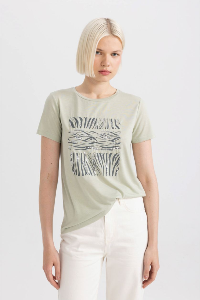 نساء نعناع تيشيرت نص كم مطبوع برقبة مستديرة وقصة عادية