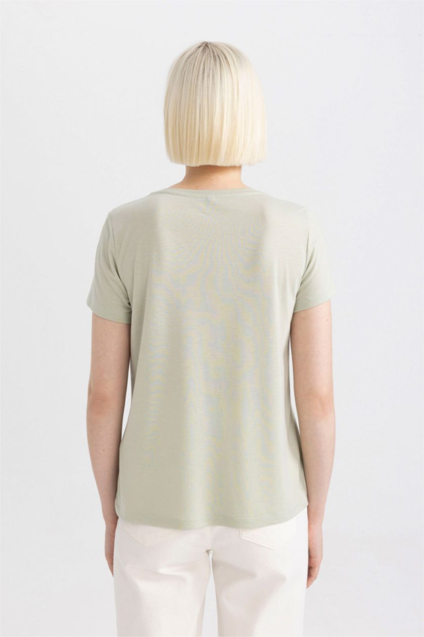 نساء نعناع تيشيرت نص كم مطبوع برقبة مستديرة وقصة عادية