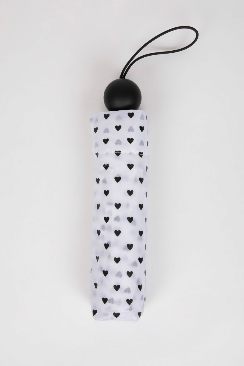 Kadın Beyaz Kadın Kalp Desenli Katlanır Şemsiye