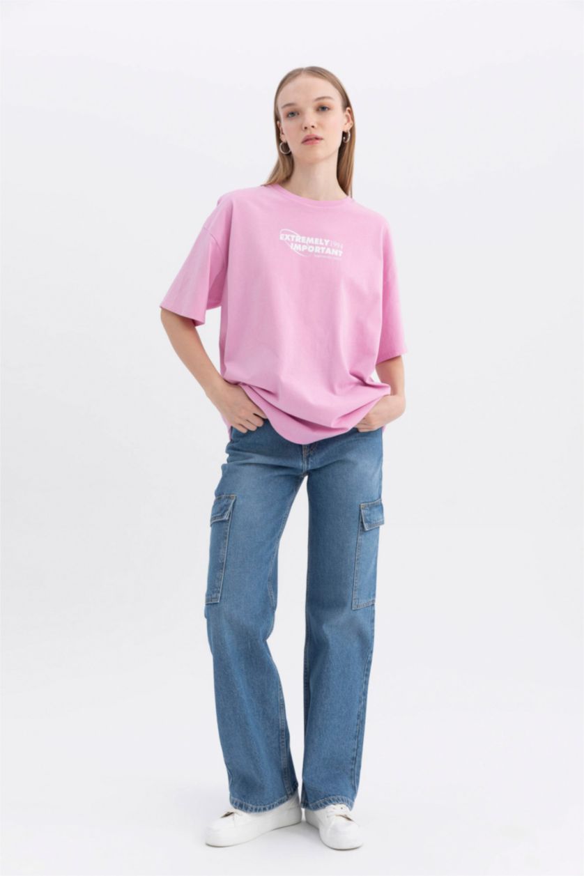WOMAN Pink Oversize Fit Back Printed Short Sleeve T-Shirt