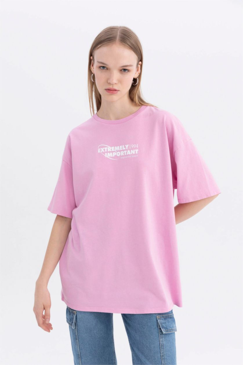 WOMAN Pink Oversize Fit Back Printed Short Sleeve T-Shirt