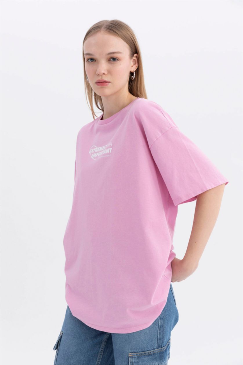 WOMAN Pink Oversize Fit Back Printed Short Sleeve T-Shirt