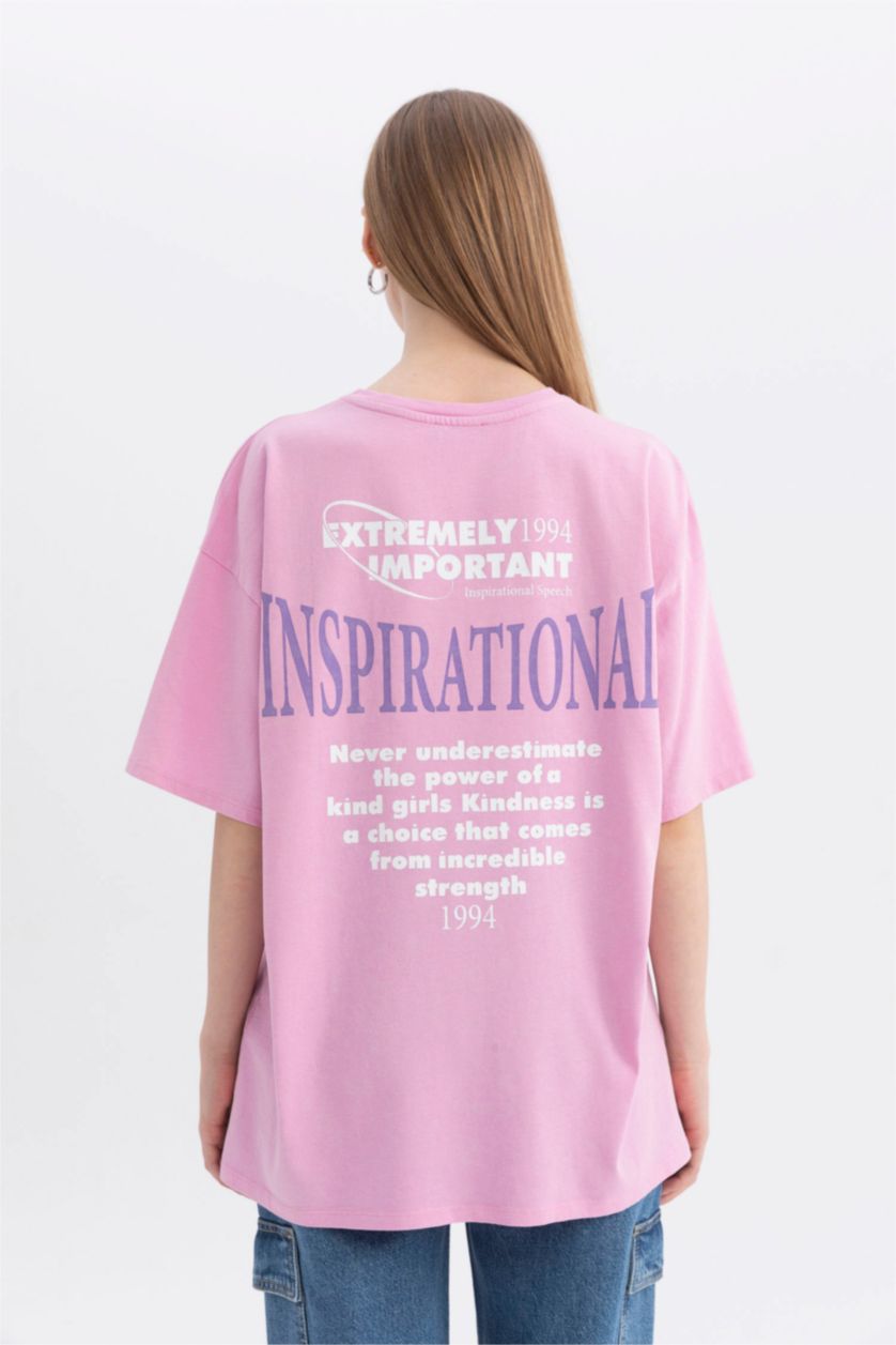 WOMAN Pink Oversize Fit Back Printed Short Sleeve T-Shirt