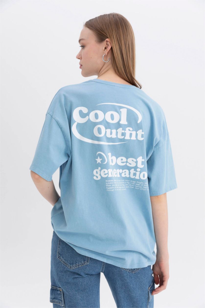 Kadın Mavi Coool Oversize Geniş Kalıp Sırt Baskılı Kısa Kollu Tişört