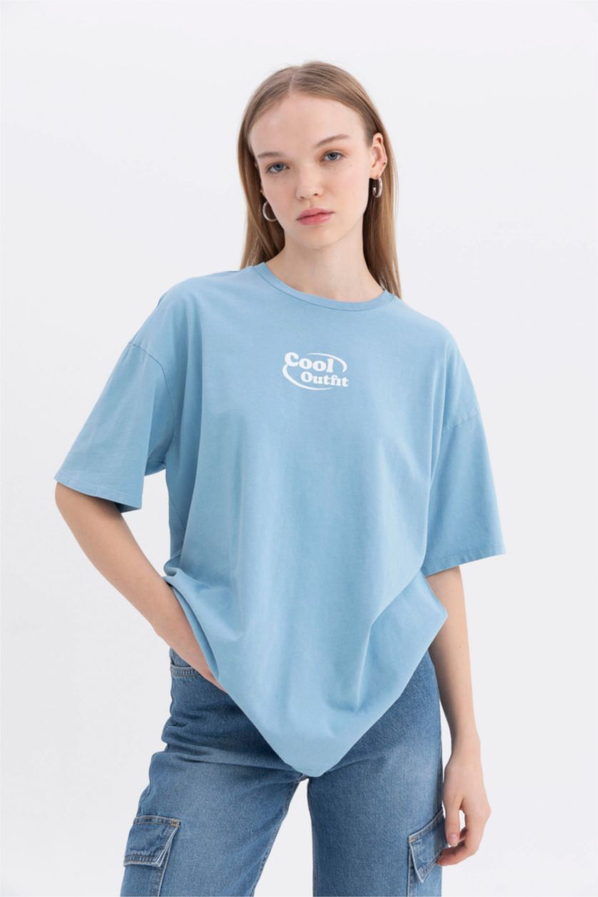Kadın Mavi Coool Oversize Geniş Kalıp Sırt Baskılı Kısa Kollu Tişört