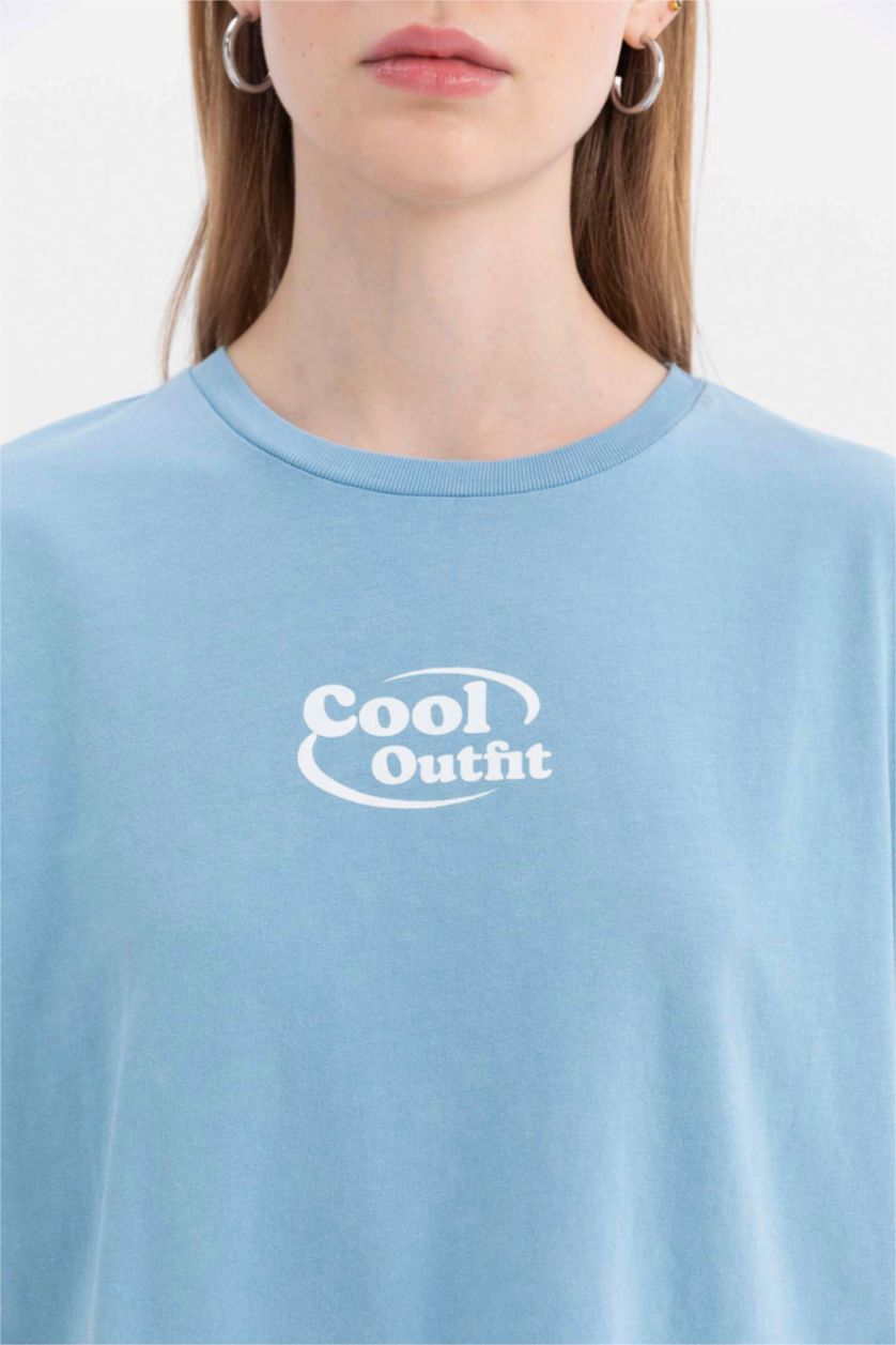 Kadın Mavi Coool Oversize Geniş Kalıp Sırt Baskılı Kısa Kollu Tişört