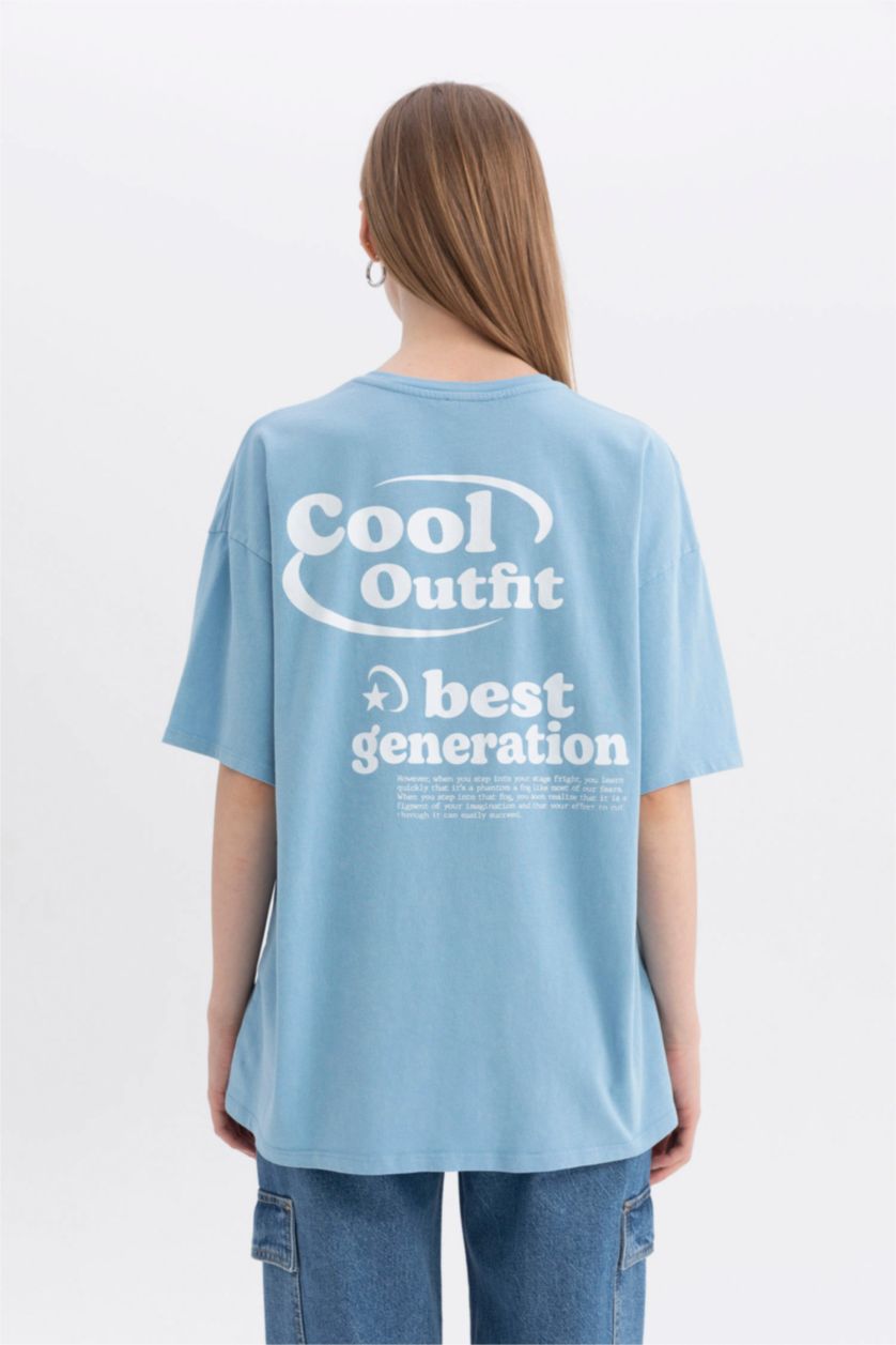 Kadın Mavi Coool Oversize Geniş Kalıp Sırt Baskılı Kısa Kollu Tişört