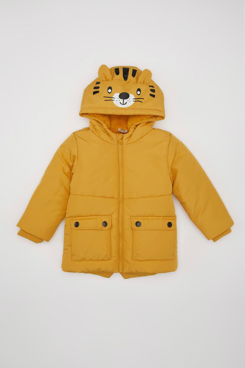 Baby Boys Yellow Boy Plush Lined Waterproof Fabric Hooded Puffer Jacket