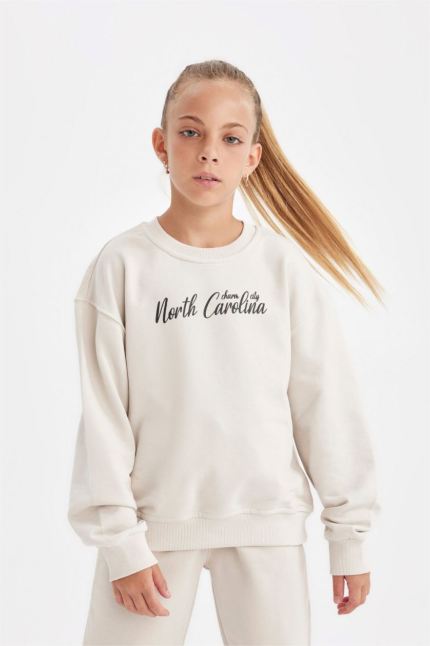 Kız Çocuk - Genç Kız Taş Bisiklet Yaka Baskılı Okul Sweatshirt Kız Çocuk