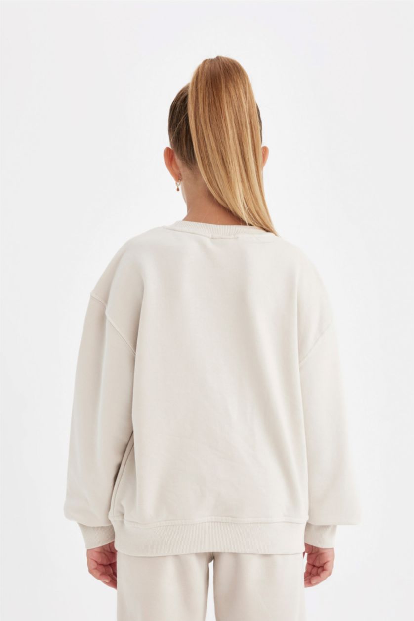 Kız Çocuk - Genç Kız Taş Bisiklet Yaka Baskılı Okul Sweatshirt Kız Çocuk