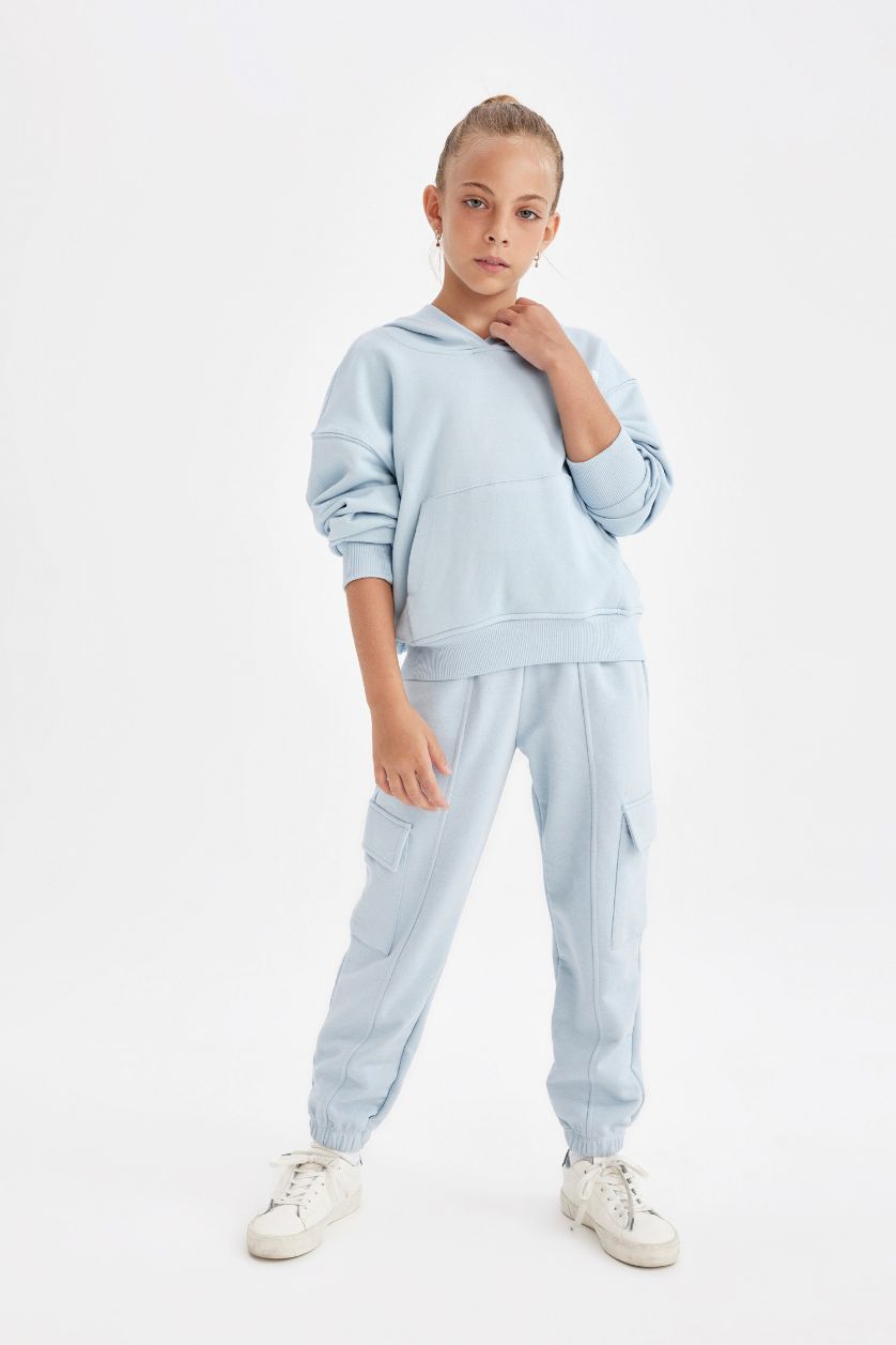 Kız Çocuk - Genç Kız Açık Mavi Kız Çocuk Cepli Kapüşonlu Baskılı Okul Sweatshirt