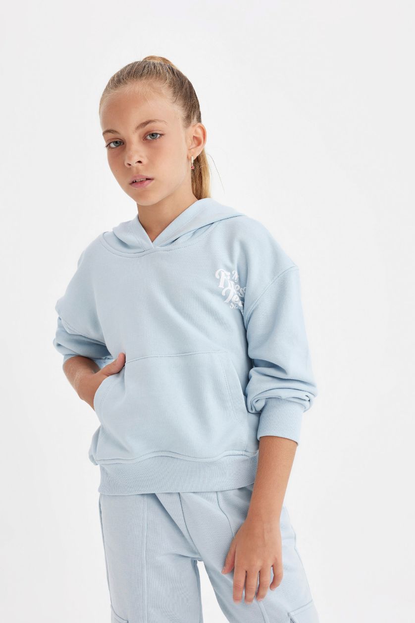 Kız Çocuk - Genç Kız Açık Mavi Kız Çocuk Cepli Kapüşonlu Baskılı Okul Sweatshirt