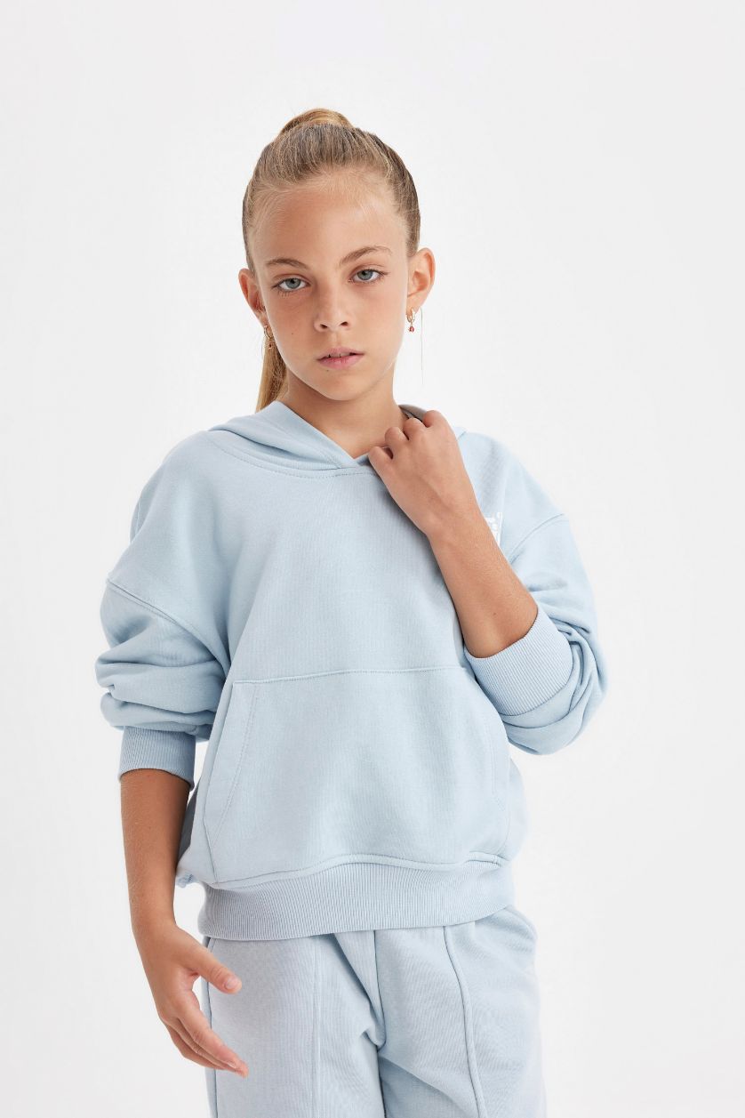 Kız Çocuk - Genç Kız Açık Mavi Kız Çocuk Cepli Kapüşonlu Baskılı Okul Sweatshirt