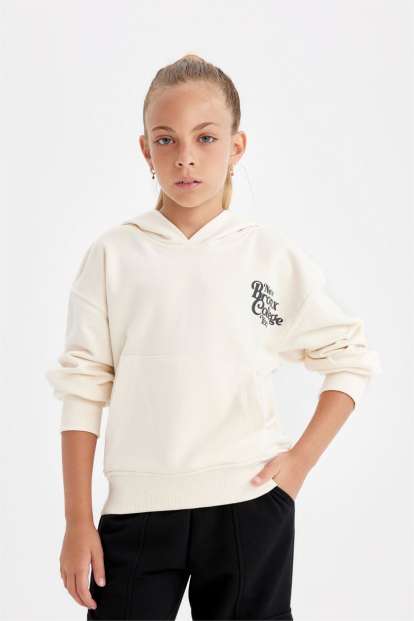 GIRLS & TEENS Ecru Girl Hooded School Sweatshirt
