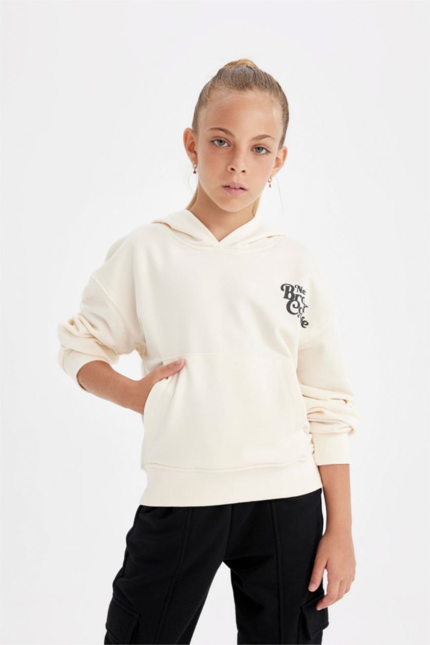 GIRLS & TEENS Ecru Girl Hooded School Sweatshirt