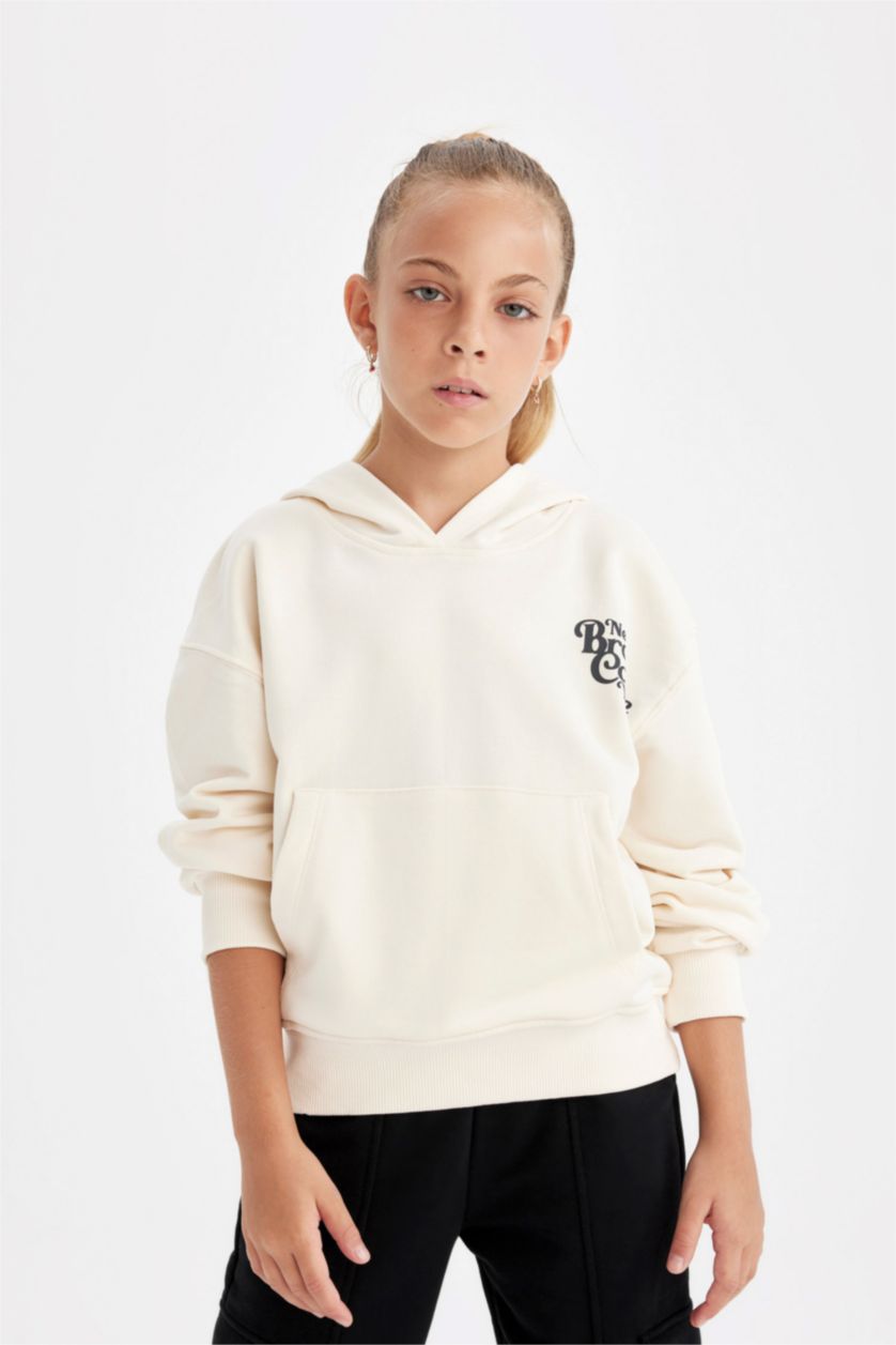 GIRLS & TEENS Ecru Girl Hooded School Sweatshirt