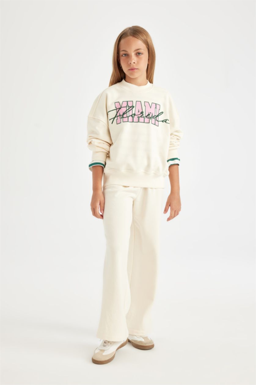 Kız Çocuk - Genç Kız Ekru Kız Çocuk 2'li Takım Baskılı Okul Sweatshirt Geniş Bol Paça Eşofman Altı