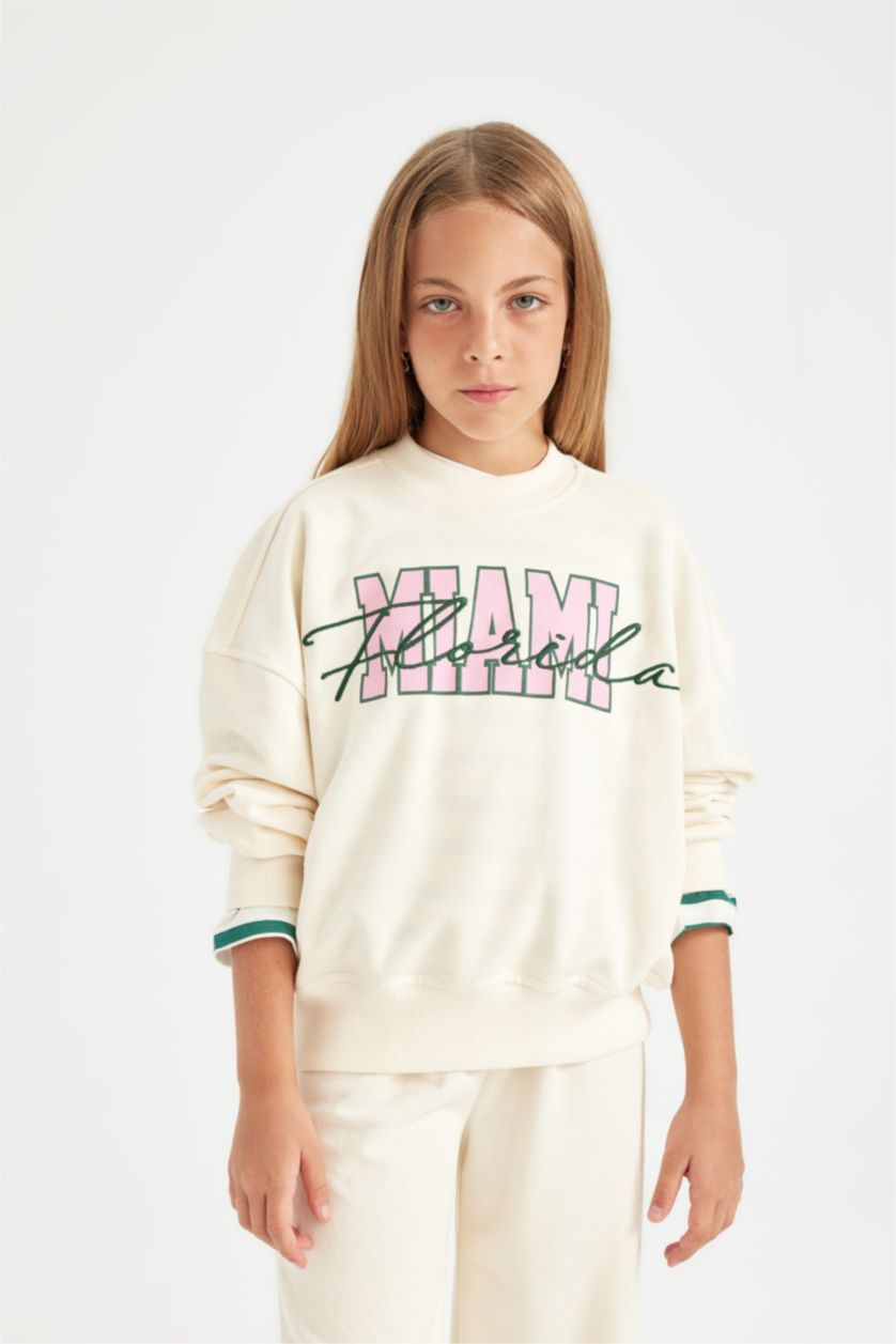 Kız Çocuk - Genç Kız Ekru Kız Çocuk 2'li Takım Baskılı Okul Sweatshirt Geniş Bol Paça Eşofman Altı