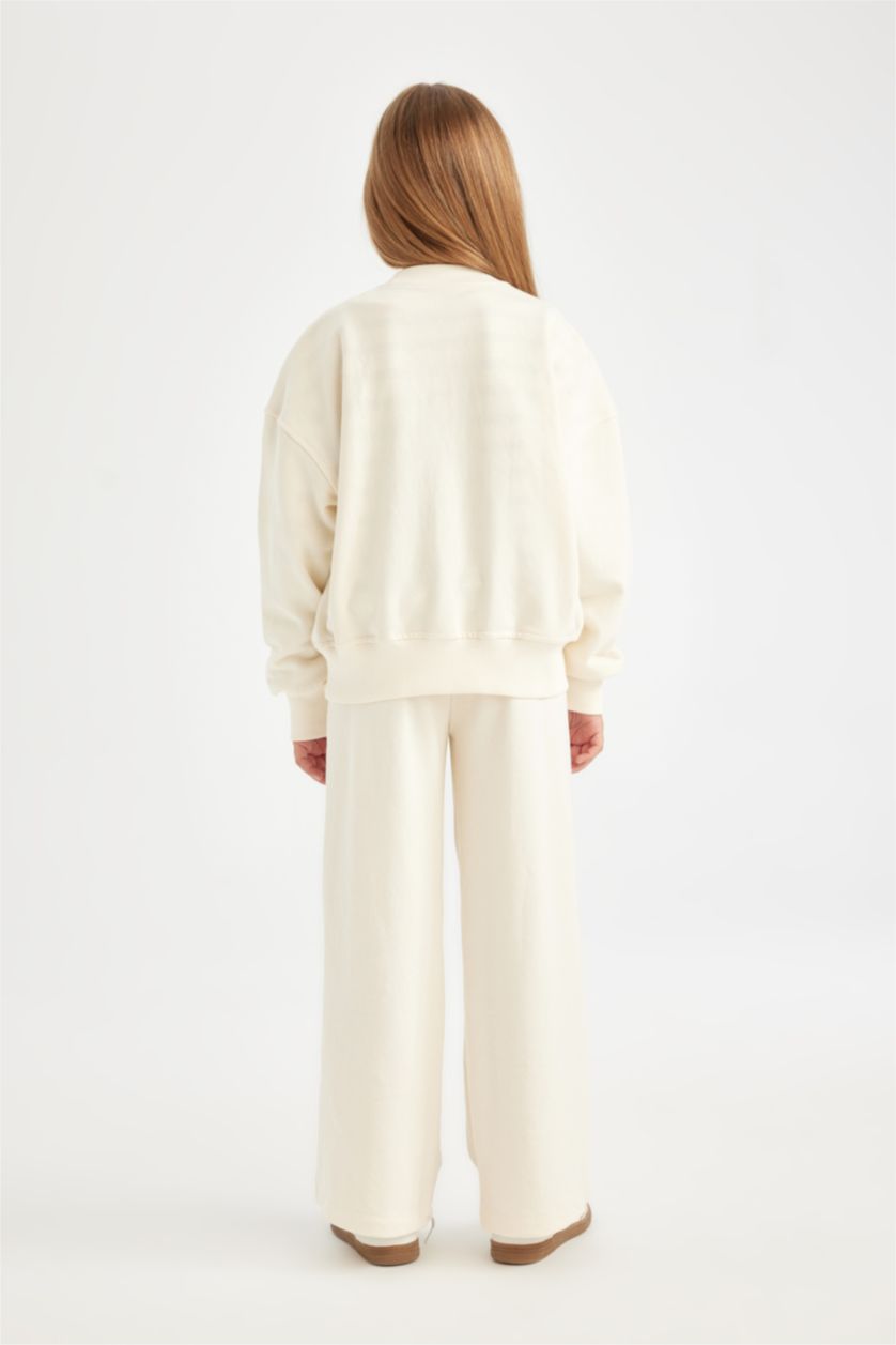 Kız Çocuk - Genç Kız Ekru Kız Çocuk 2'li Takım Baskılı Okul Sweatshirt Geniş Bol Paça Eşofman Altı