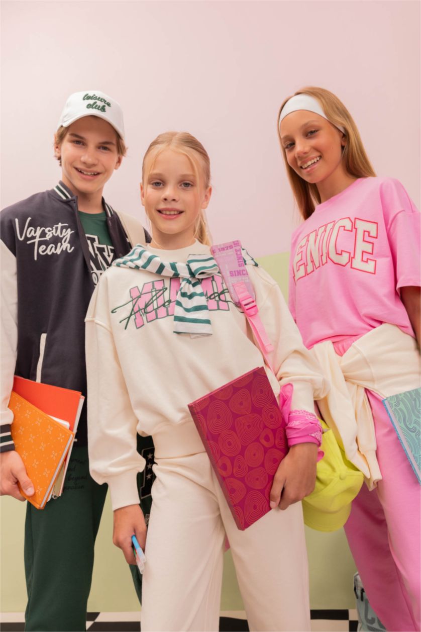 Kız Çocuk - Genç Kız Ekru Kız Çocuk 2'li Takım Baskılı Okul Sweatshirt Geniş Bol Paça Eşofman Altı