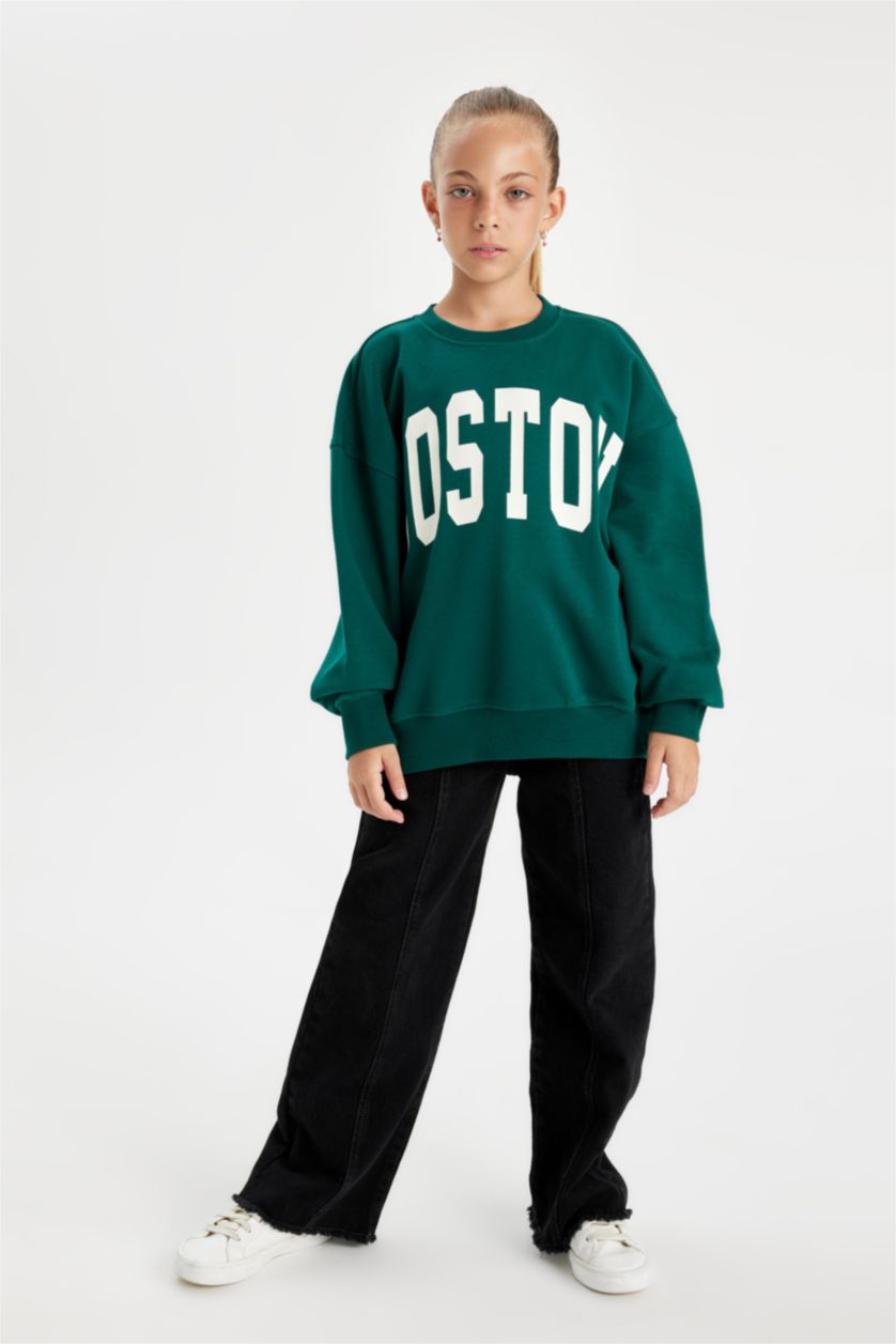 GIRLS & TEENS Dark Green Girl Oversize Fit Printed School Sweatshirt