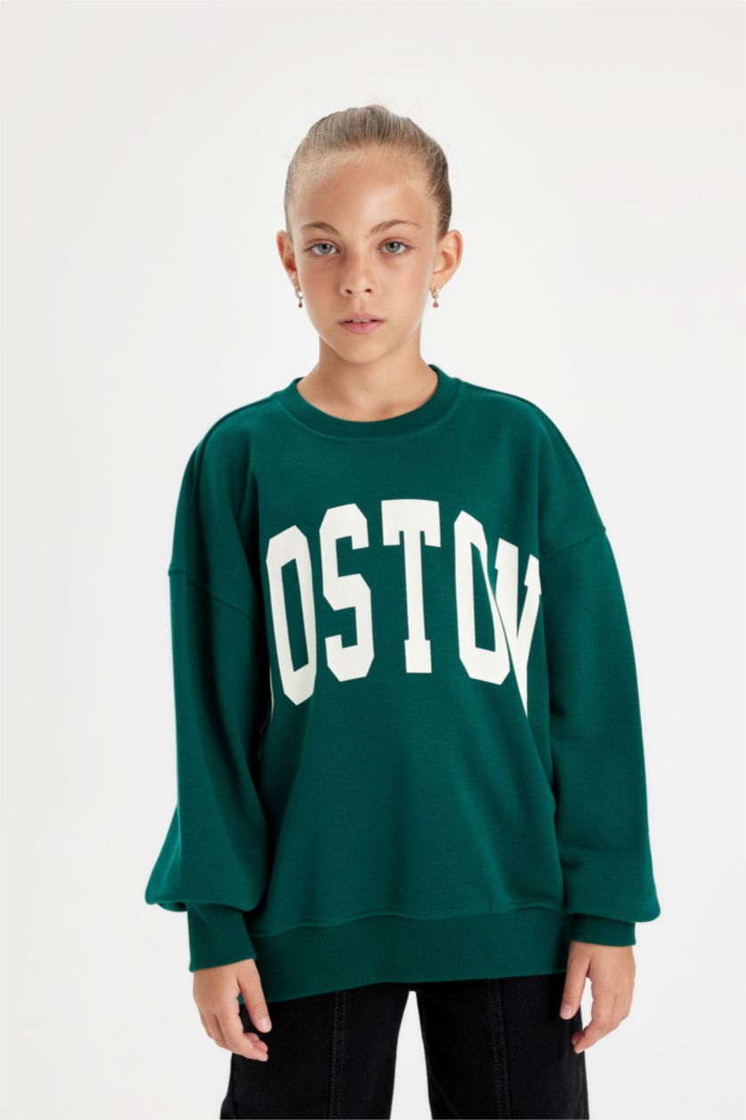 GIRLS & TEENS Dark Green Girl Oversize Fit Printed School Sweatshirt