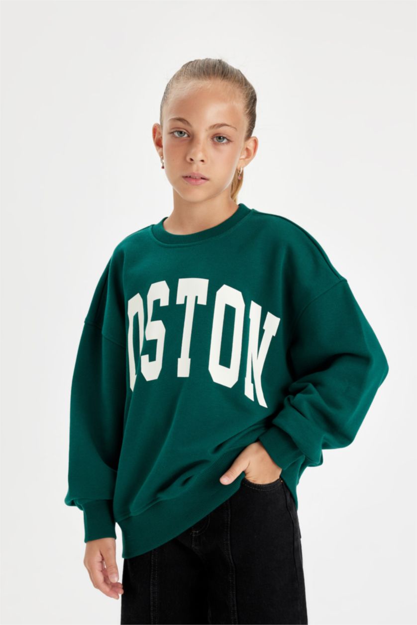 GIRLS & TEENS Dark Green Girl Oversize Fit Printed School Sweatshirt