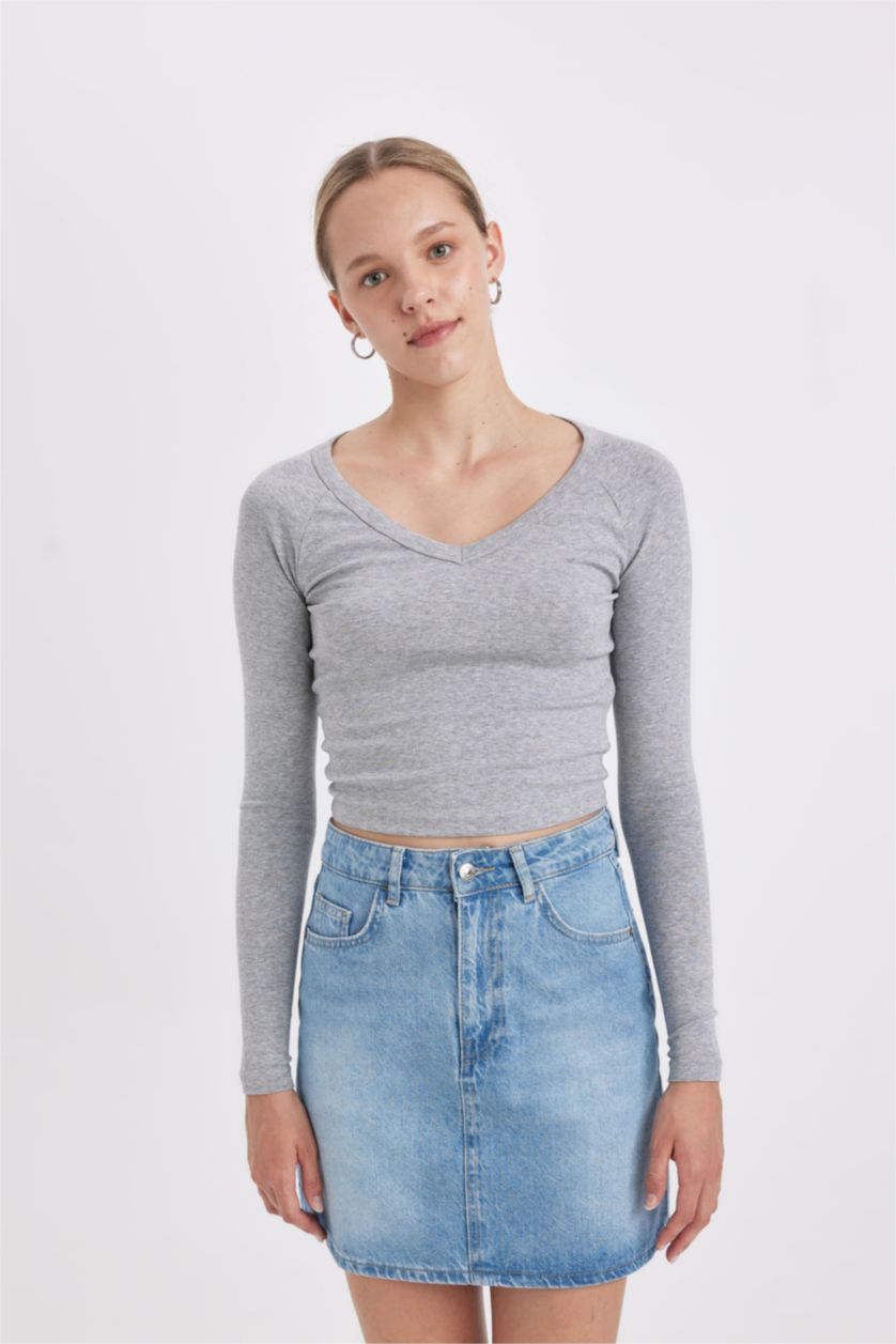 WOMAN Grey Melange Fitted V Neck Ribbed Long Sleeve T-Shirt