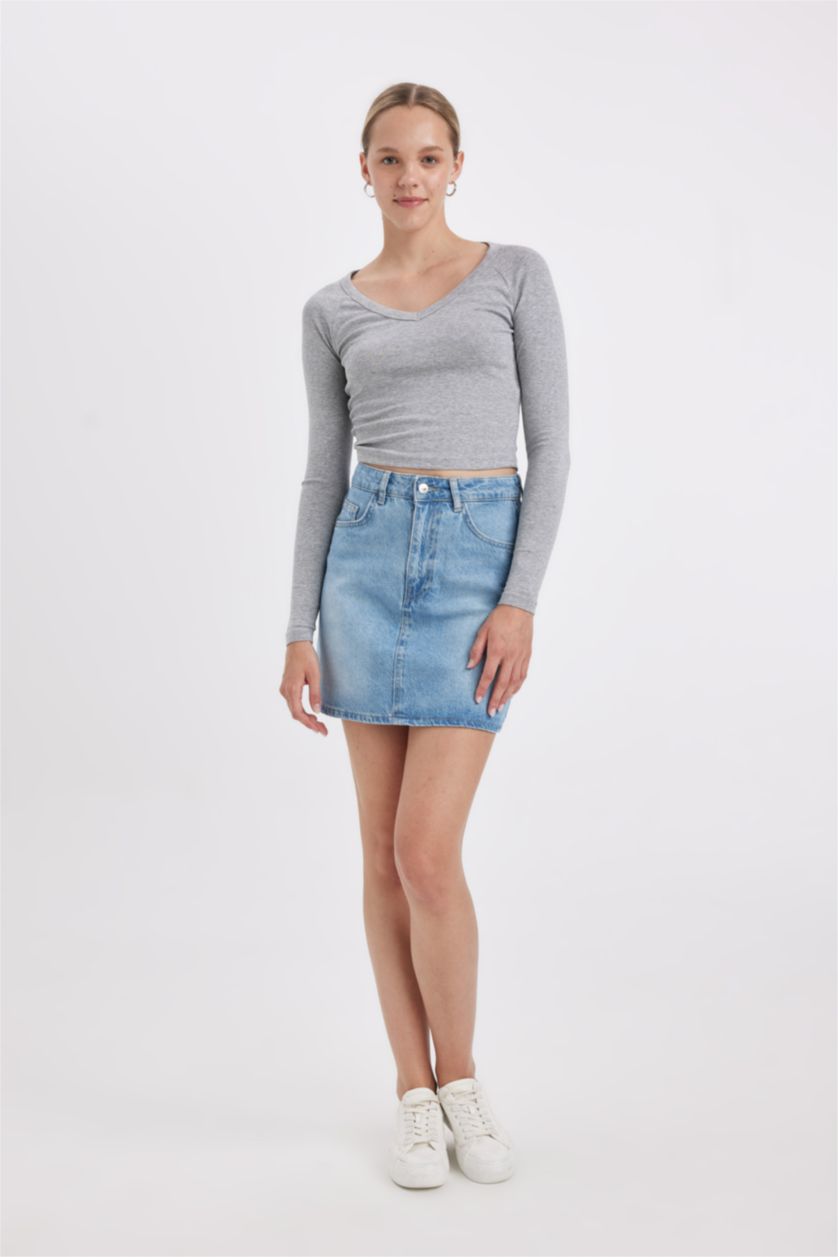 WOMAN Grey Melange Fitted V Neck Ribbed Long Sleeve T-Shirt