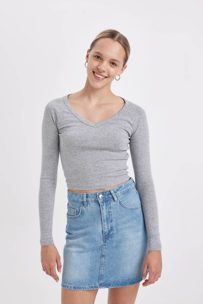 WOMAN Grey Melange Fitted V Neck Ribbed Long Sleeve T-Shirt