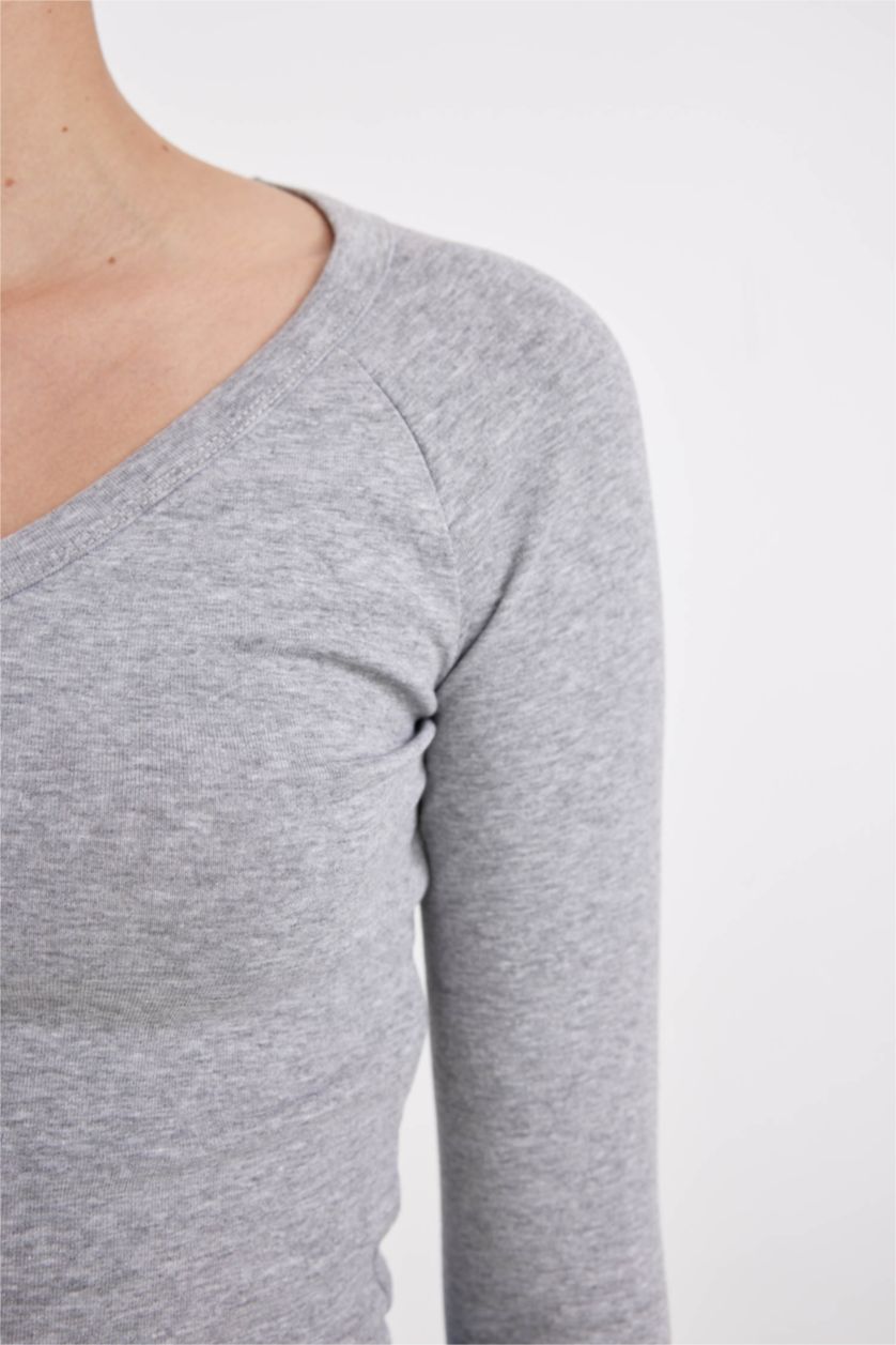 WOMAN Grey Melange Fitted V Neck Ribbed Long Sleeve T-Shirt