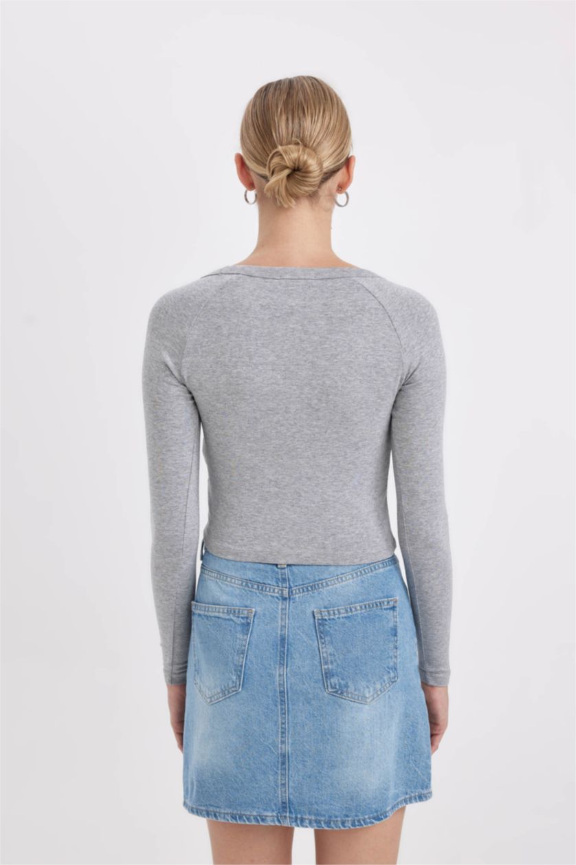 WOMAN Grey Melange Fitted V Neck Ribbed Long Sleeve T-Shirt