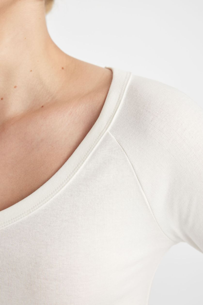 WOMAN White Fitted V Neck Ribbed Long Sleeve T-Shirt