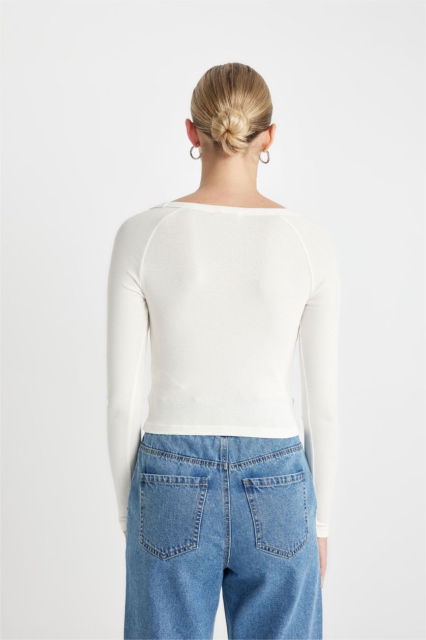 WOMAN White Fitted V Neck Ribbed Long Sleeve T-Shirt